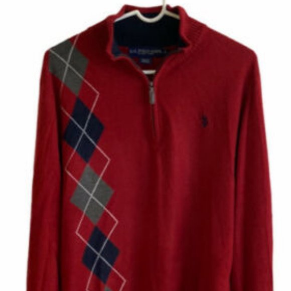 U.S. Polo Mens Argyle Pull Over Sweater Size L Red Collar - Picture 1 of 4